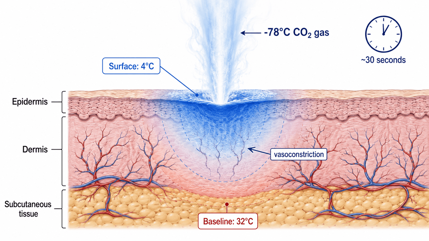 Cross-section diagram showing cold CO₂ gas at -78°C cooling skin tissue from 32°C to 4°C in approximately 30 seconds, with labeled skin layers (epidermis, dermis, subcutaneous tissue) and vasoconstriction in blood vessels